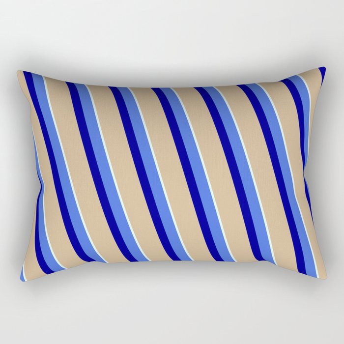 Royal Blue, Dark Blue, Tan & Light Cyan Colored Stripes/Lines Pattern Rectangular Pillow