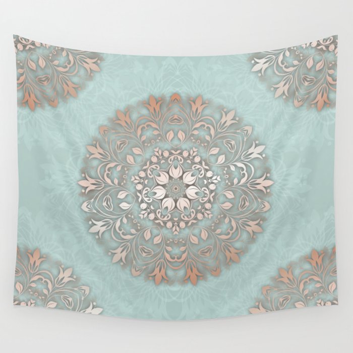 Rose Gold Mint Floral Mandala Wall Tapestry By Ninabaydur
