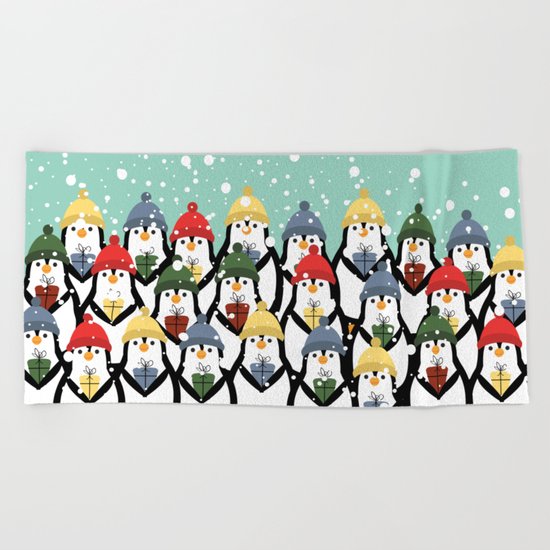 Christmas penguins Beach Towel