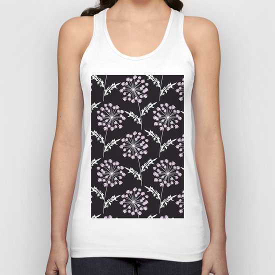 Fishnet pink flowers on a black background. Unisex Tank Top