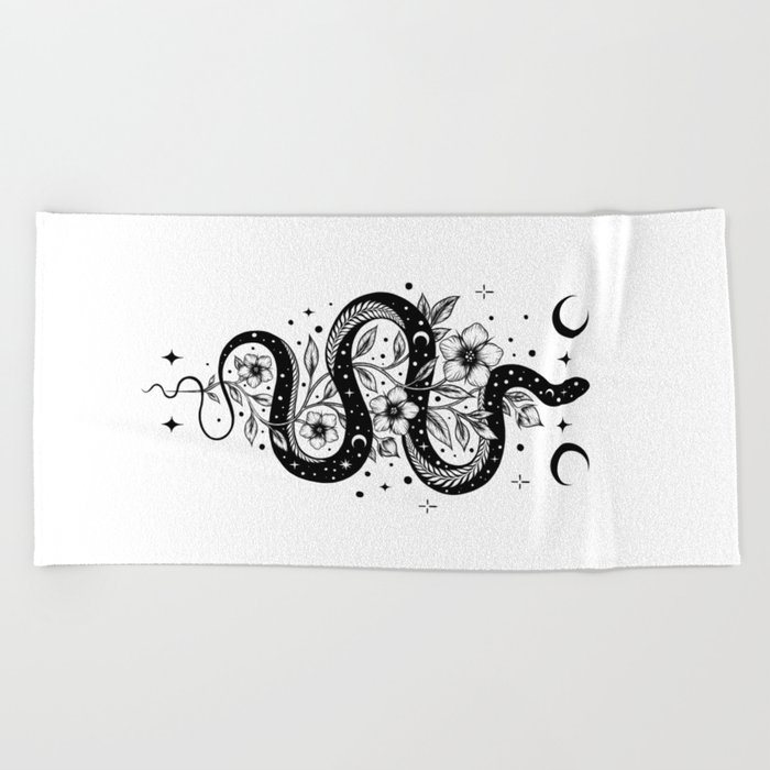 Serpent Spell -Black and White Beach Towel