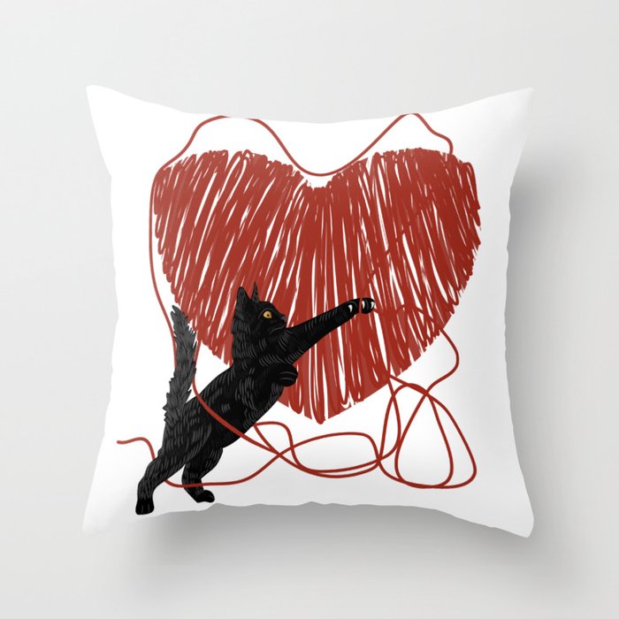 Black cat unravelling heart Throw Pillow