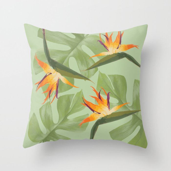 Three Paradise Flowers with Monstera Leaf Throw Pillow