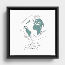 Planet Earth with hands in linear art style. Save the Planet text.  Framed Canvas