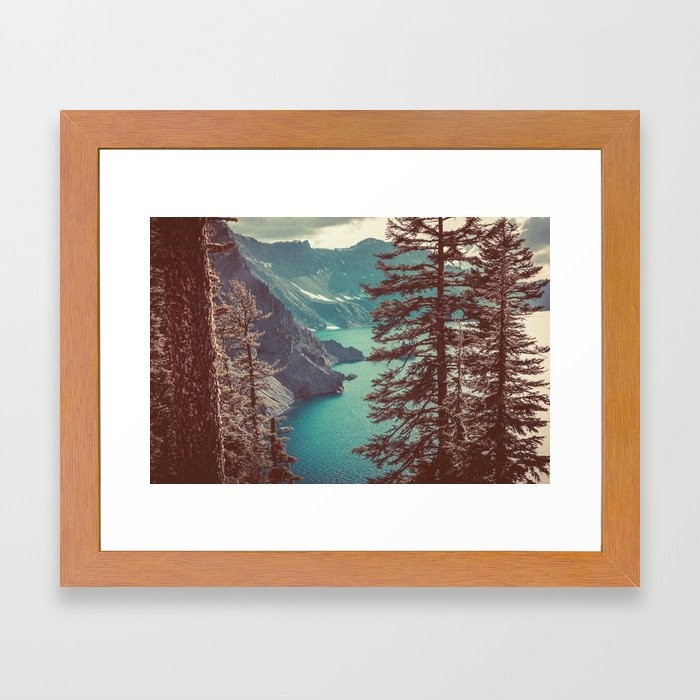 Vintage Blue Crater Lake and Trees - Nature Photography Framed Art Print