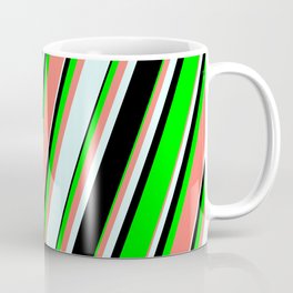 [ Thumbnail: Lime, Salmon, Light Cyan, and Black Colored Striped Pattern Coffee Mug ]