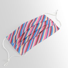 [ Thumbnail: Tan, Hot Pink, Brown & Blue Colored Striped Pattern Face Mask ]