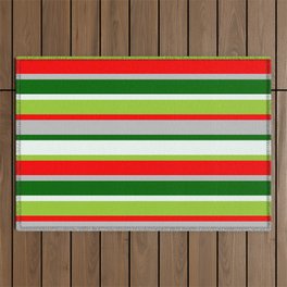 [ Thumbnail: Eye-catching Green, Red, Grey, Dark Green, and Mint Cream Colored Lined Pattern Outdoor Rug ]