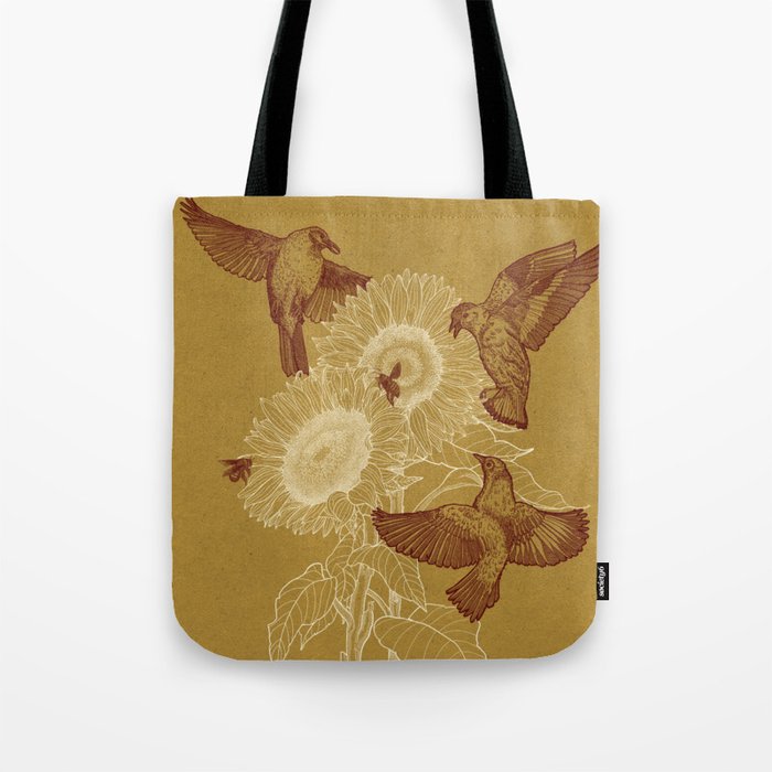 Illustration of Birds around Sunflower Tote Bag