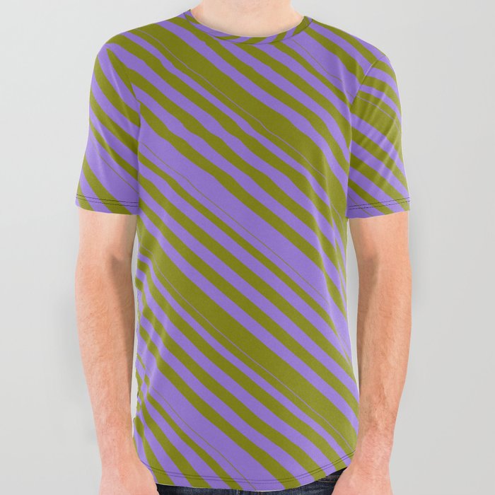 Purple & Green Colored Lines/Stripes Pattern All Over Graphic Tee