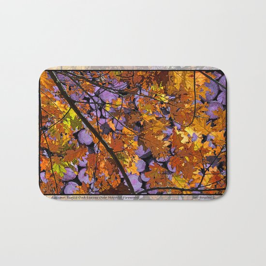 AUTUMN SUNLIT OAK LEAVES OVER MOONLIT FIREWOOD Bath Mat