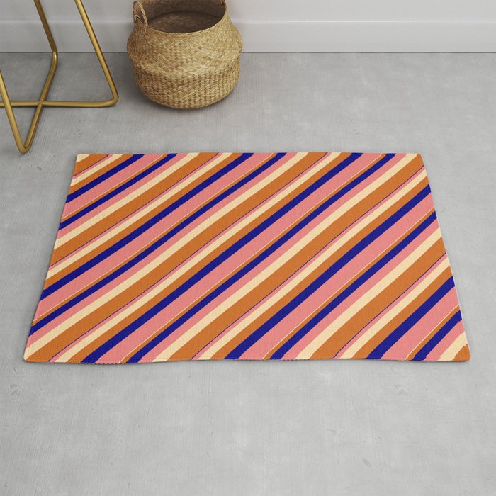 Blue, Light Coral, Tan & Chocolate Colored Lined/Striped Pattern Rug