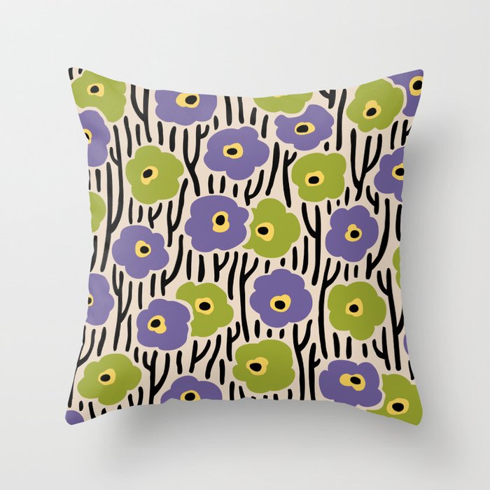 Wild Flowers Pattern Purple and Green Throw Pillow