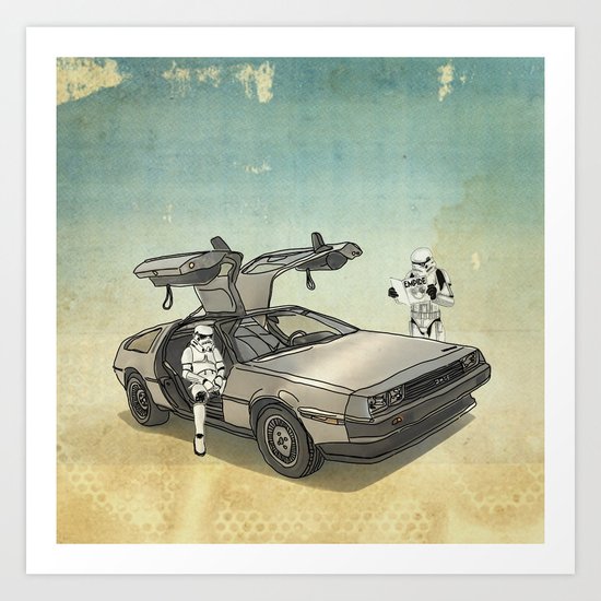 Lost, searching for the DeathStarr _ 2 Stormtrooopers in a DeLorean Art Print