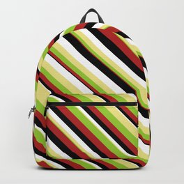 [ Thumbnail: Eye-catching Tan, Green, Red, Black & White Colored Striped/Lined Pattern Backpack ]