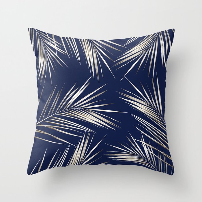 White Gold Palm Leaves on Navy Blue 