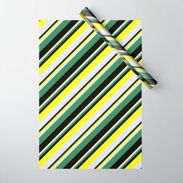 [ Thumbnail: Sea Green, Black, Yellow, and Lavender Colored Stripes Pattern Wrapping Paper ]
