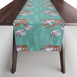 Playful Curious Raccoons Blue Forest Table Runner