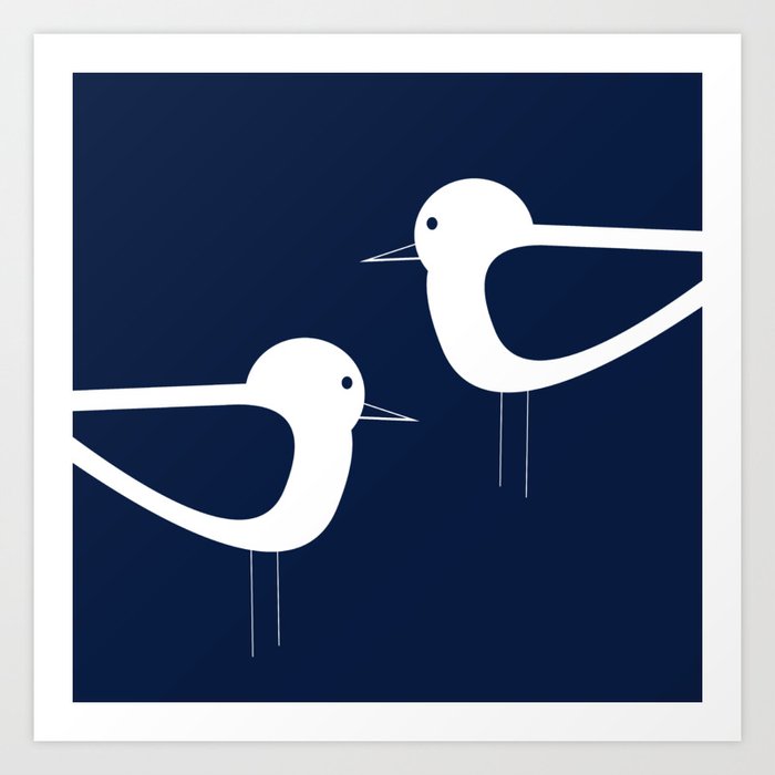 Shorebird Pair - Minimalist Beach Birds in White and Nautical Navy Blue Art Print