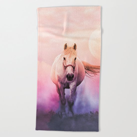 Romantic mystery horse illustration with full moon Beach Towel