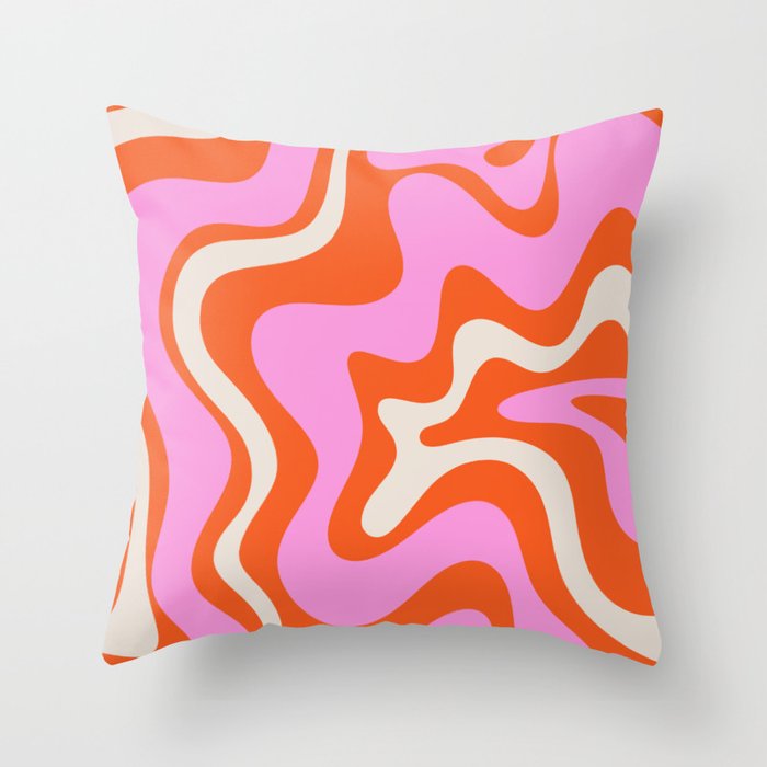 Retro Liquid Swirl Abstract Pattern Bright Pink Orange Cream Throw Pillow