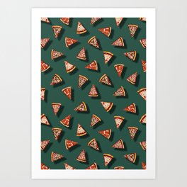 Pizza Party Pattern - Floating Pizza Slices on Teal Art Print