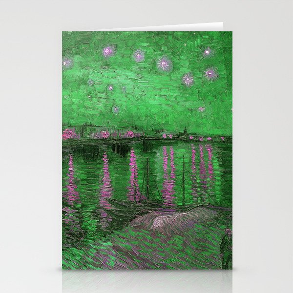 Starry Night Over the Rhone landscape painting by Vincent van Gogh in alternate emerald green with pink stars Stationery Cards