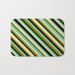 [ Thumbnail: Aquamarine, Tan, Green, and Black Colored Striped Pattern Bath Mat ]