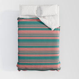 [ Thumbnail: Light Coral and Teal Colored Lined Pattern Duvet Cover ]