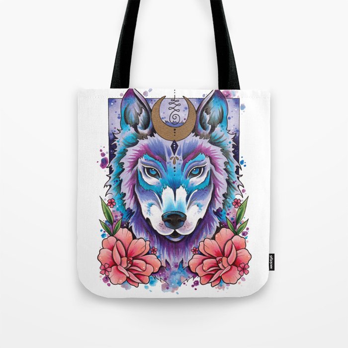 Moonlight Wolf watercolor design Tote Bag