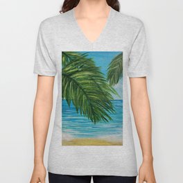 Acrylic Palm Trees and Ocean Shore V Neck T Shirt