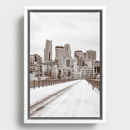 Minneapolis Skyline at the Stone Arch Bridge | Sepia Photography Framed Canvas
