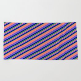[ Thumbnail: Salmon, Slate Blue, Dark Blue & Sea Green Colored Pattern of Stripes Beach Towel ]
