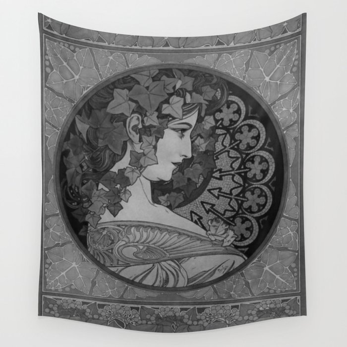 Alphonse Mucha Ivy (1860 – 1939), black, white  Wall Tapestry