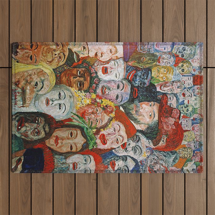 A face in the crowd; Ensor with Masks, self-portrait, Ensor aux masques grotesque art portrait painting by James Ensor Outdoor Rug