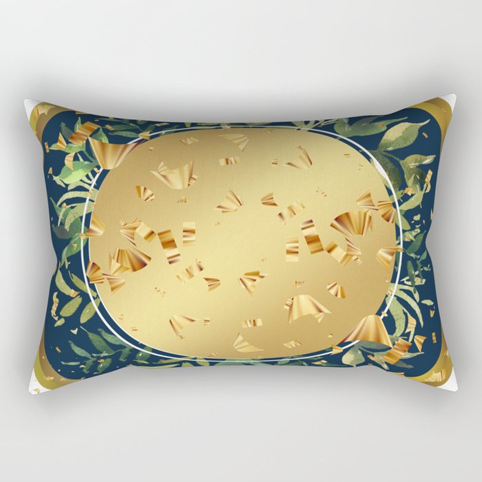 Green Leaves and Circle Gold Frame on a Circle Blue Gold Background Rectangular Pillow