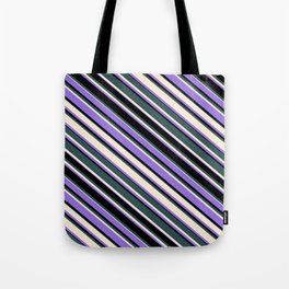 [ Thumbnail: Dark Slate Gray, Beige, Purple & Black Colored Lined Pattern Tote Bag ]