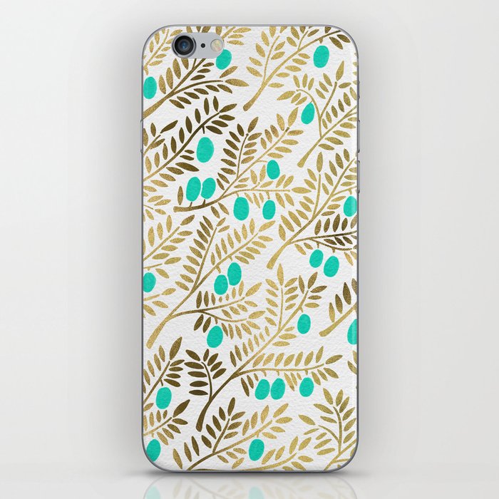 Gold & Turquoise Olive Branches iPhone Skin