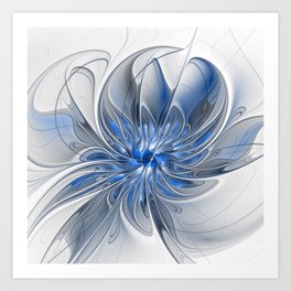 Abstract Art with Blue Modern Fantasy Flower Fractal Art Print