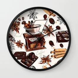 Coffee watercolor pattern with grains coffee mill and chocolate Wall Clock | Grunge, Ink, Pattern, Coffeemill, Watercolor, Design, Coffee, Brewed, Graphicdesign, Drink 