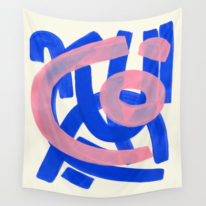 Tribal Pink Blue Fun Colorful Mid Century Modern Abstract Painting Shapes Pattern Wall Tapestry