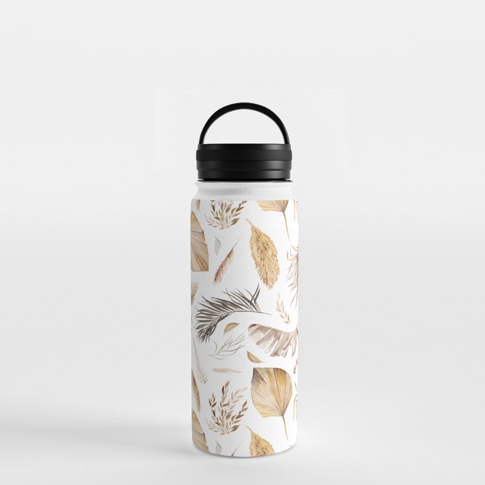 Watercolor Bohemian seamless pattern with dried tropical leaves illustration Water Bottle