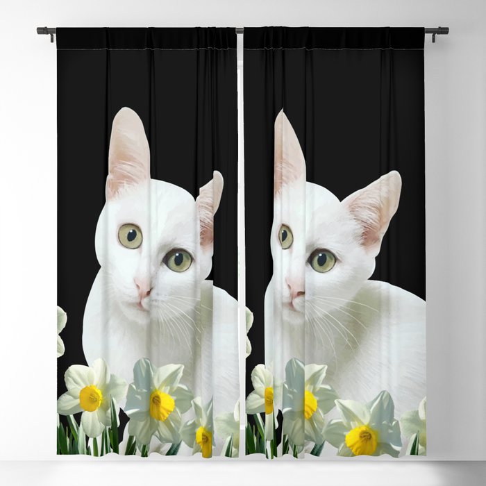 White Cat between Daffodils and Tulips flowers Blackout Curtain