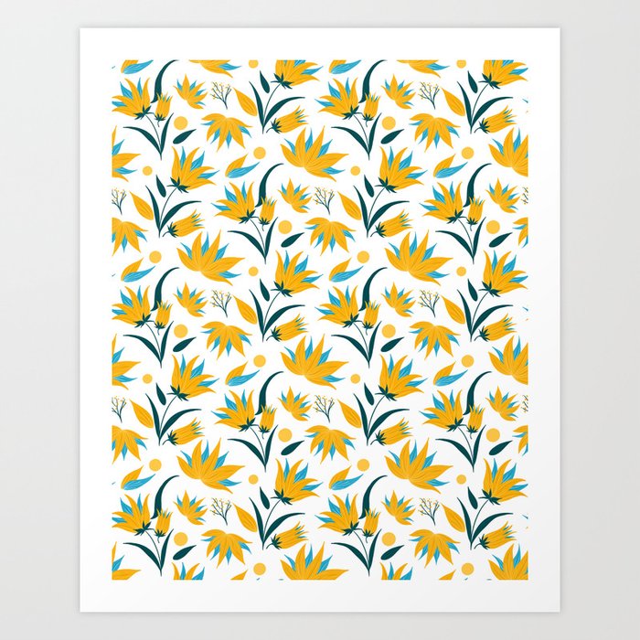 Yellow and teal lilies chintz Art Print