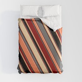 [ Thumbnail: Eye-catching Dim Grey, Dark Red, Tan, Coral, and Black Colored Striped Pattern Duvet Cover ]