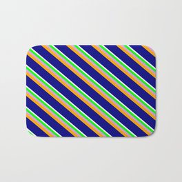 [ Thumbnail: Mint Cream, Lime, Plum, Orange, and Blue Colored Lined Pattern Bath Mat ]