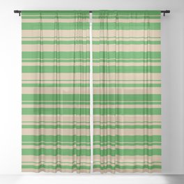 [ Thumbnail: Forest Green and Tan Colored Striped/Lined Pattern Sheer Curtain ]