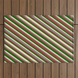 [ Thumbnail: Tan, Gray, Brown & Dark Green Colored Lines/Stripes Pattern Outdoor Rug ]