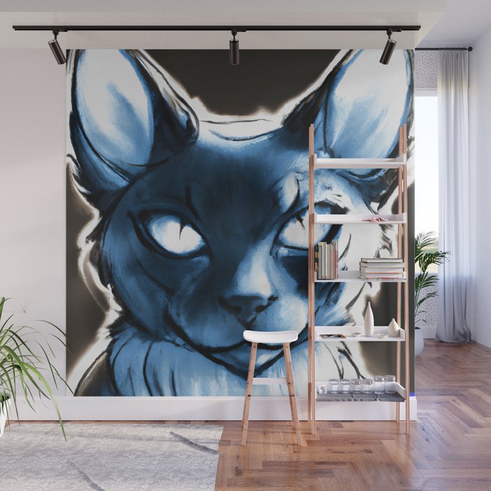 Blue cat anime illustration Wall Mural