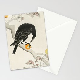 Crow eating persimmon Fruit - Vintage Japanese Woodblock Print Art Stationery Card